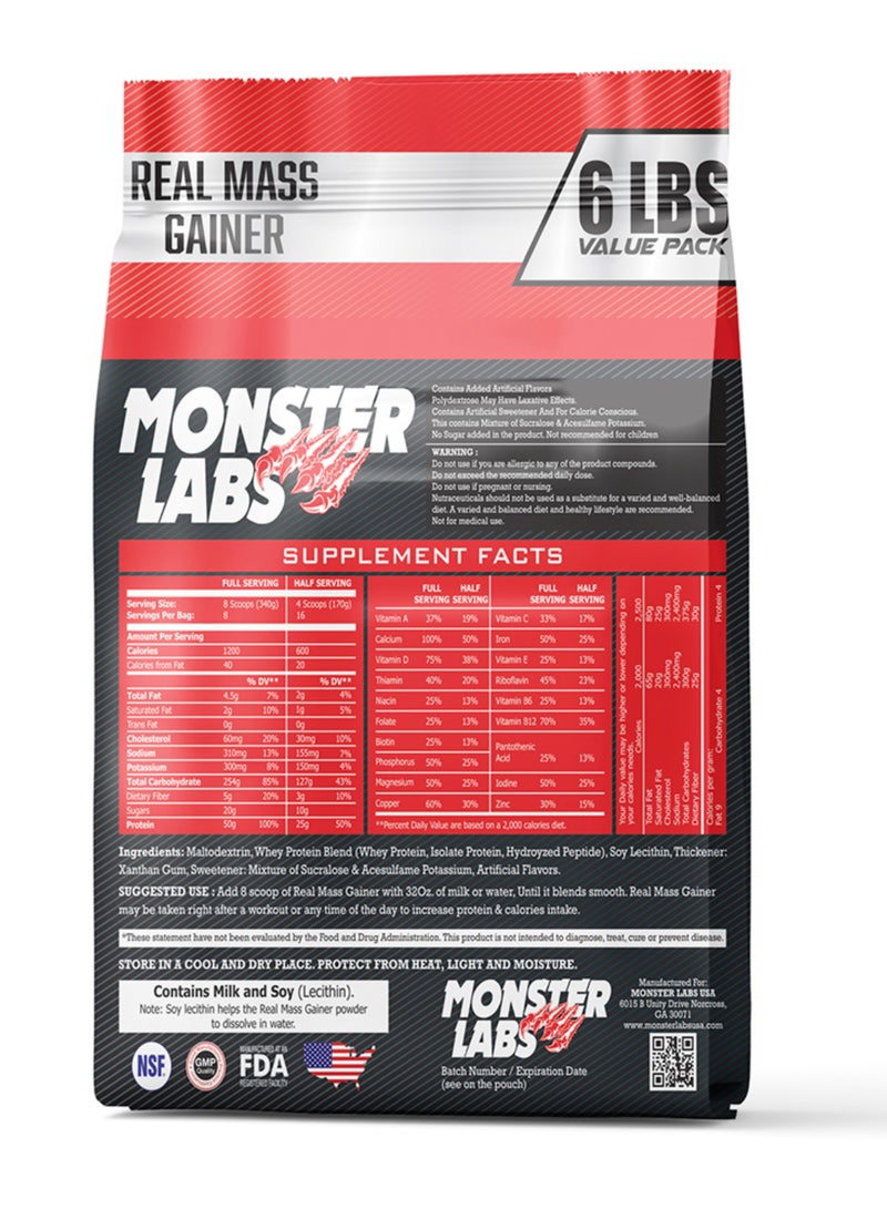 ماس جاينر حقيقي من Monster Labs بوزن 6 أرطال، 16 حصة - مكمل بروتين عالي السعرات لنمو العضلات (شوكولاتة) - Image 2