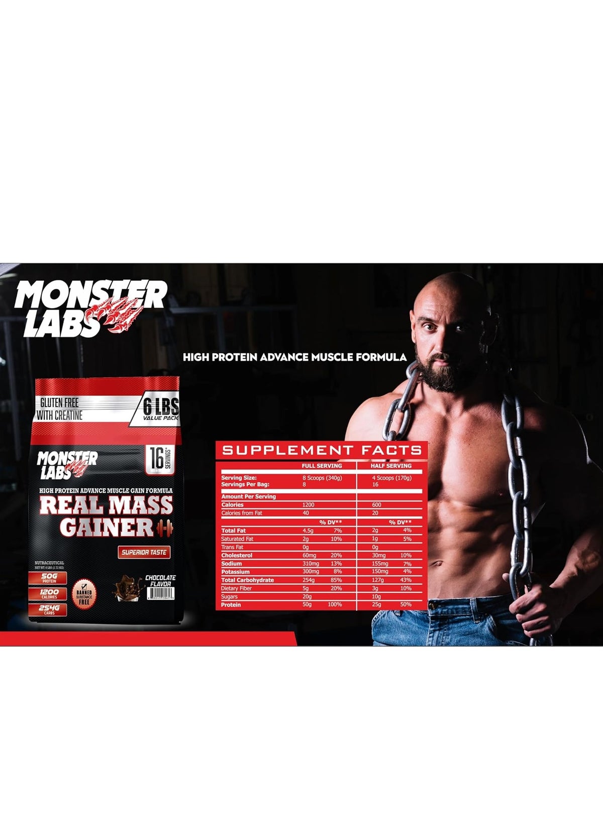 Monster Labs Real Mass Gainer 6 Lbs, 16 Servings - High-Calorie Protein Supplement For Muscle Growth (Chocolate)
