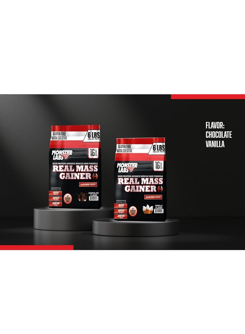 ماس جاينر حقيقي من Monster Labs بوزن 6 أرطال، 16 حصة - مكمل بروتين عالي السعرات لنمو العضلات (شوكولاتة) - Image 4