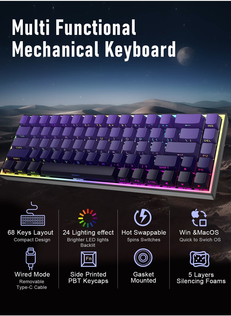 ZIPFORCE ZIPFORCE Gaming Keyboard,68-Key Mechanical Keyboard, Blue Liner Switches, Type-C Wired Connection, Multi-Color Mixed Backlight, PBT Keycaps, 100 Million Keystroke Lifespan, Hot Swappable Compact Gaming Keyboard  - Image 2