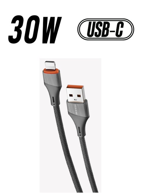 كابل شحن SEEKEN 30W 2M IOS من Lightning إلى Type-C - رمادي | شحن سريع | كابل مضفر | تصميم مميز | جودة عالية.