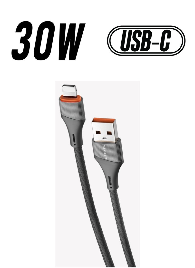 كابل شحن SEEKEN 30W 2M IOS من Lightning إلى Type-C - رمادي | شحن سريع | كابل مضفر | تصميم مميز | جودة عالية.