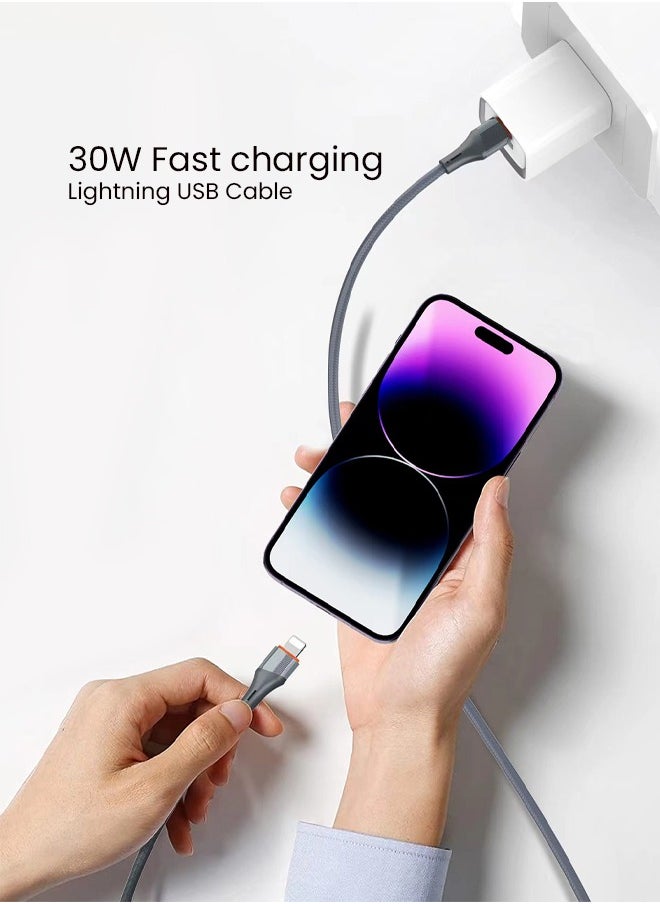كابل شحن SEEKEN 30W 2M IOS من Lightning إلى Type-C - رمادي | شحن سريع | كابل مضفر | تصميم مميز | جودة عالية.
