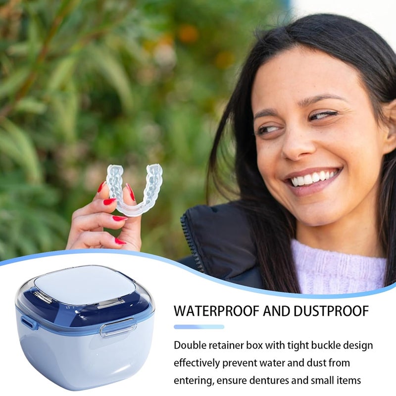 Light Blue Double Layer Denture Retainer Storage Cup Travel Container - Image 3