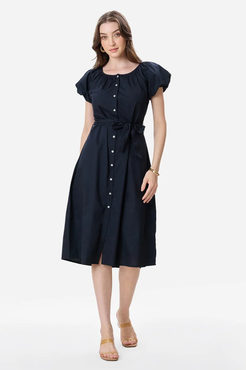 فيرجيو Solid Cotton Bubble Sleeve Dress for Women