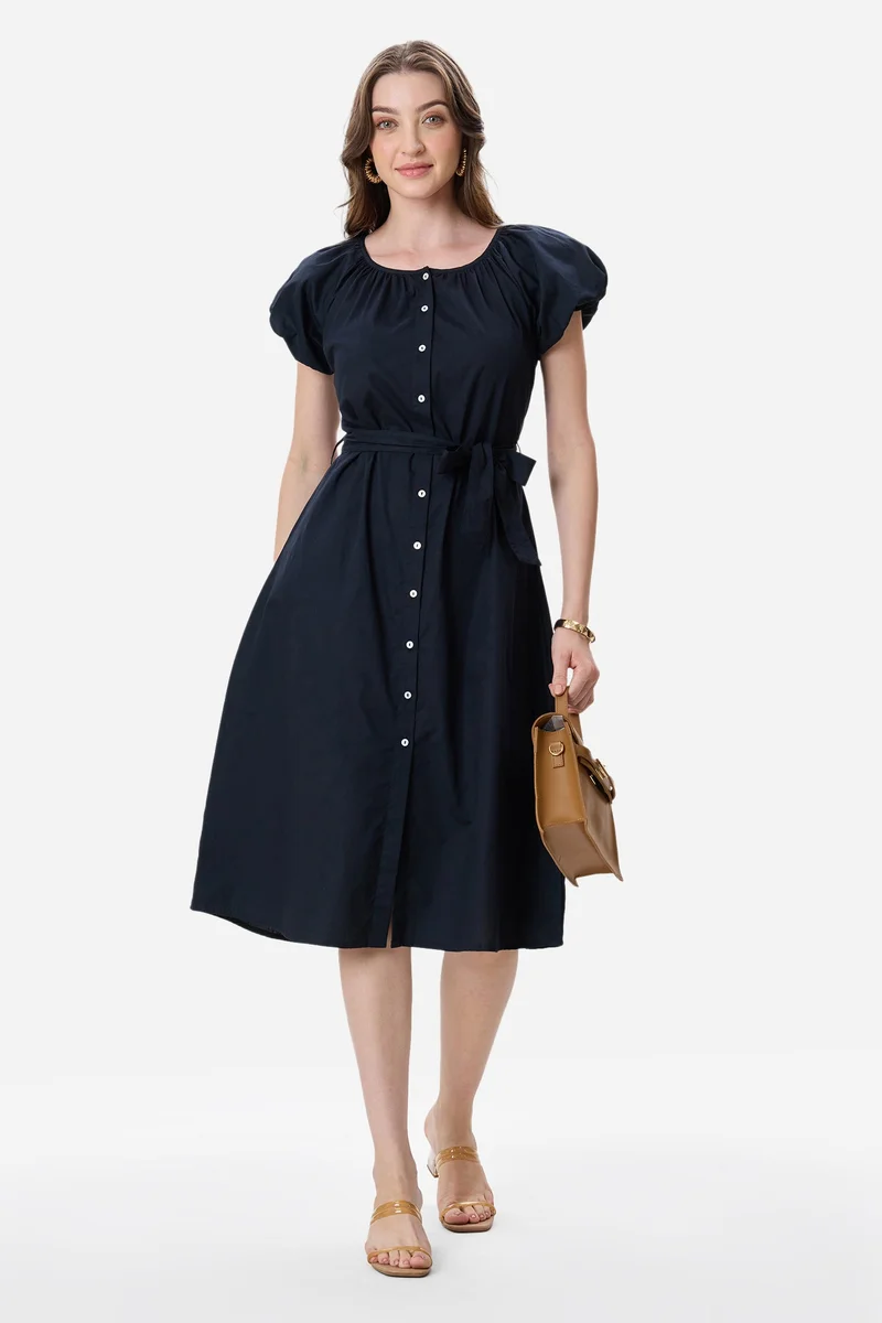 فيرجيو Solid Cotton Bubble Sleeve Dress for Women