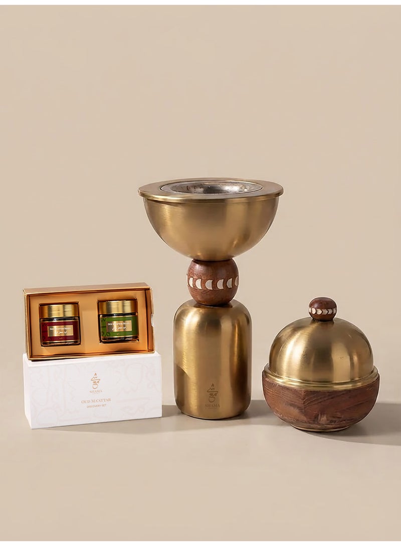 شامة طقم مبخرة شاما الذهبية مع عبوتين (12 جم) من العود المعطر – طقم هدايا فاخر - Image 1
