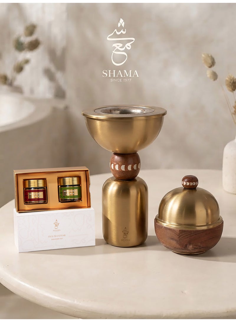 شامة طقم مبخرة شاما الذهبية مع عبوتين (12 جم) من العود المعطر – طقم هدايا فاخر - Image 2