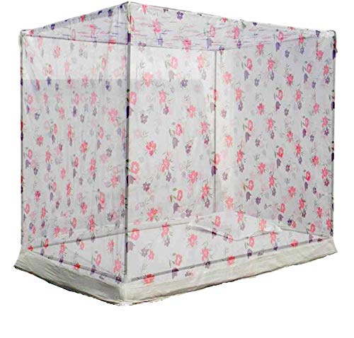 Ans Mosquito Net for Bed Floral with Cotton Border Free Air Flow (Cream, 5 x 6.5 ft Queen Size Bed) - Image 1