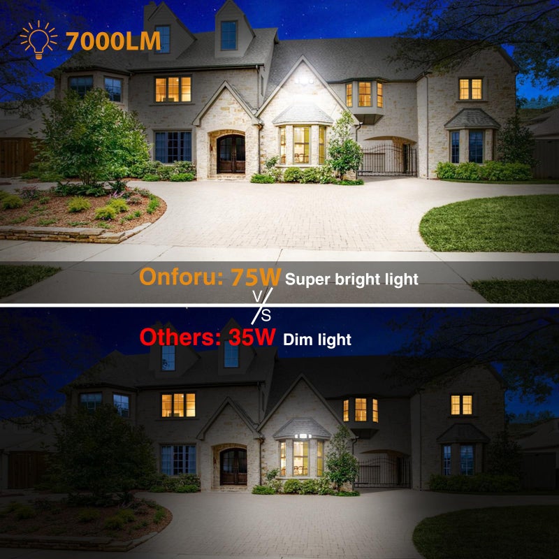 Onforu 75W Flood Lights Outdoor, 7000LM Brightness Security Lights Switch Controlled, 3 Adjustable Heads, IP65 Waterproof, 6500K Wall Mount Exterior LED Flood Light - Image 4