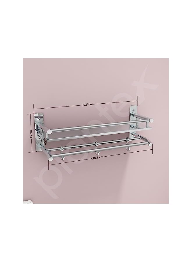 Raxoom Stainless Steel Bathroom Shelf/Rack with Towel Holder/Towel Hooks/Bathroom Accessories Wall-Mount (Chrome Finish) (2-Tier) - Image 5