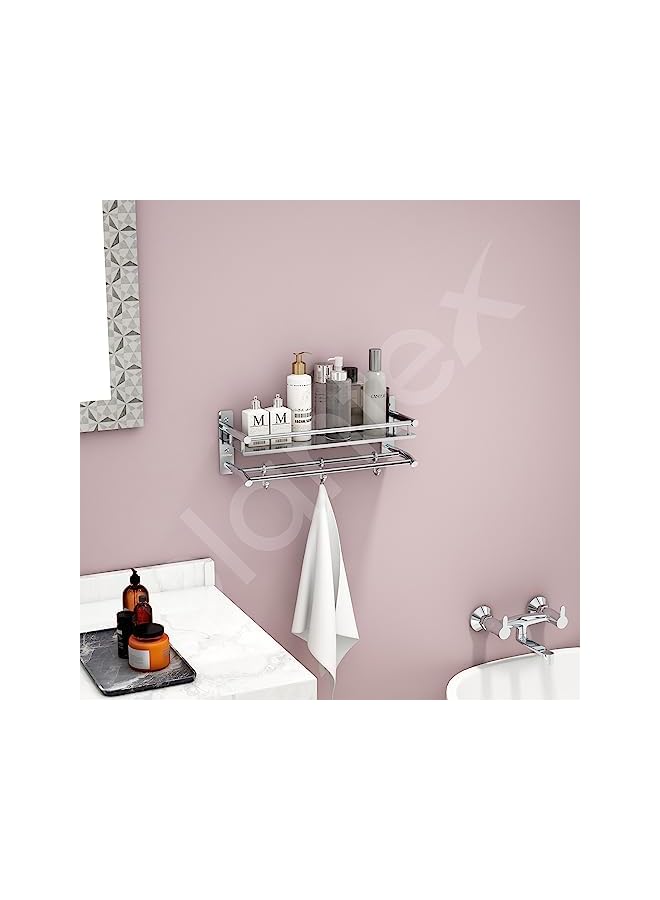 Raxoom Stainless Steel Bathroom Shelf/Rack with Towel Holder/Towel Hooks/Bathroom Accessories Wall-Mount (Chrome Finish) (2-Tier) - Image 3