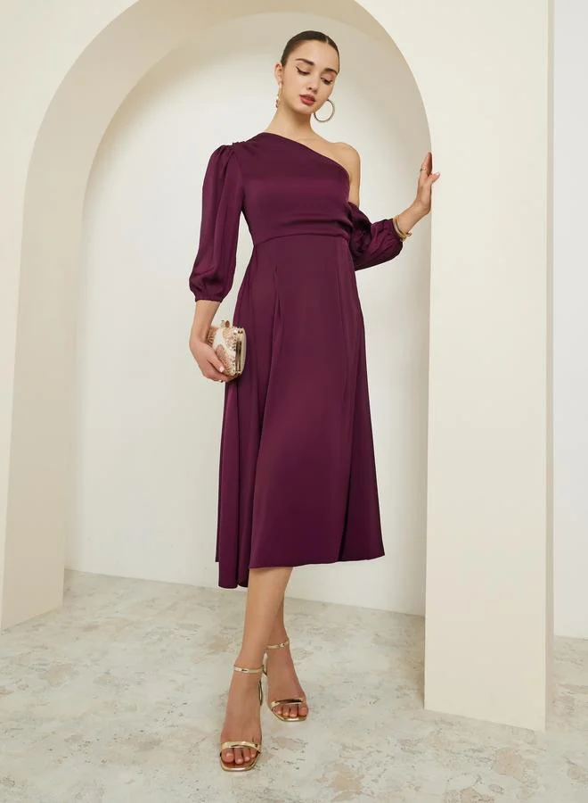 Styli Burgundy One Shoulder A-Line Midi Dress