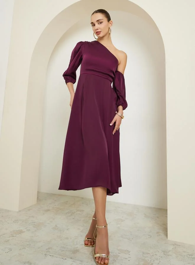 Styli Burgundy One Shoulder A-Line Midi Dress