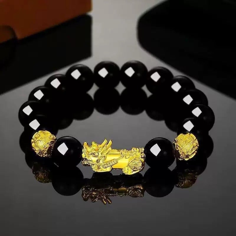 Wan Zi Pixiu Obsidian Alloy Bracelet - Chinese Style Lucky Fortune Beads for Men Women - Image 1