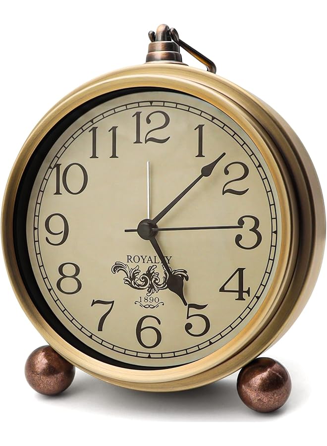 The Bros Metal Golden Table Clock, Retro Vintage Non-Ticking Small Alarm Clock,Battery Operated Silent Quartz Movement HD Glass Desk Clock for Bedroom Living Room Indoor Decoration Kids (Arabic) - Image 1