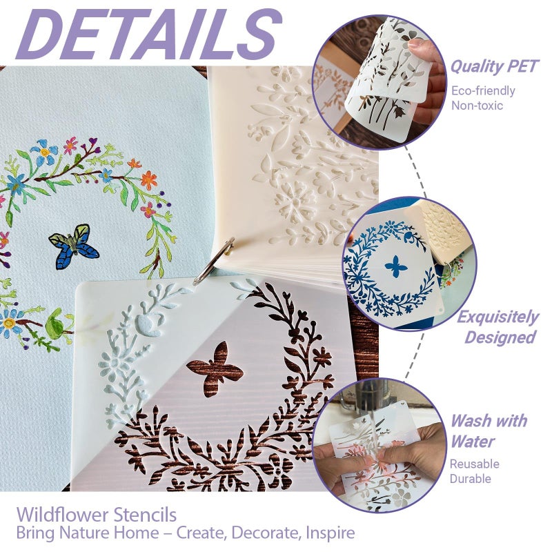 Felixcraft 16 Pieces Wildflower Stencils for Painting on Wood, Reusable Flower Paint Templates with Nature Plant Pattern, 4.7 x 5.9 Inch DIY Craft Stencils for Wall Home Decor - Image 2