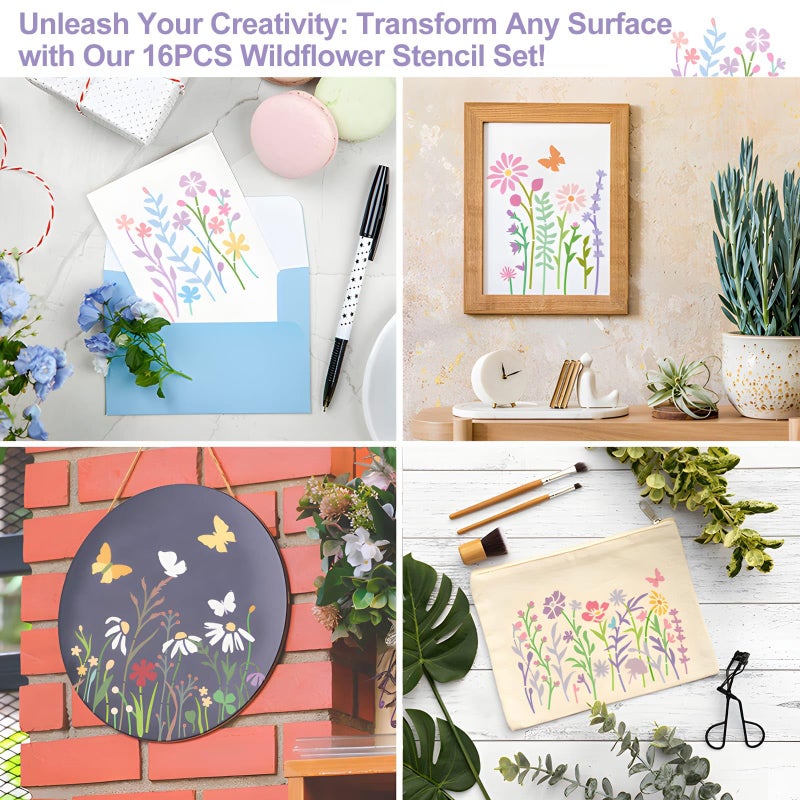 Felixcraft 16 Pieces Wildflower Stencils for Painting on Wood, Reusable Flower Paint Templates with Nature Plant Pattern, 4.7 x 5.9 Inch DIY Craft Stencils for Wall Home Decor - Image 3
