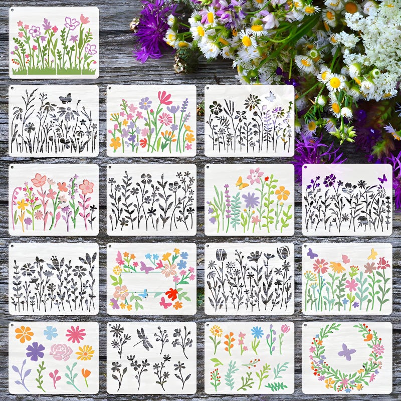 Felixcraft 16 Pieces Wildflower Stencils for Painting on Wood, Reusable Flower Paint Templates with Nature Plant Pattern, 4.7 x 5.9 Inch DIY Craft Stencils for Wall Home Decor - Image 1