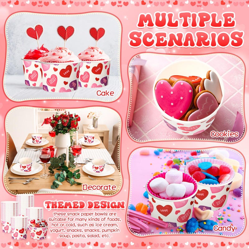 Potchen 50 Pack 9 oz Valentine's Day Soup Bowls Disposable Conversation Heart Paper Cups Dessert Bowls Valentines Snack Cups for Hot or Cold Food Anniversary Wedding Bridal Shower Party Supplies - Image 5