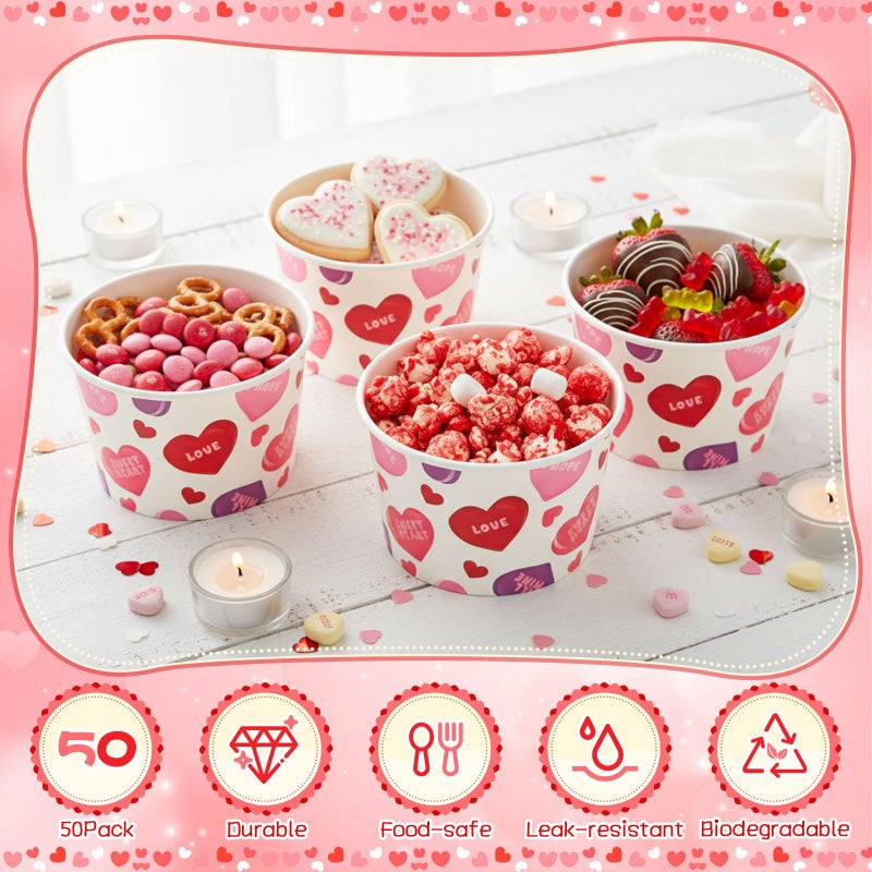 Potchen 50 Pack 9 oz Valentine's Day Soup Bowls Disposable Conversation Heart Paper Cups Dessert Bowls Valentines Snack Cups for Hot or Cold Food Anniversary Wedding Bridal Shower Party Supplies - Image 3