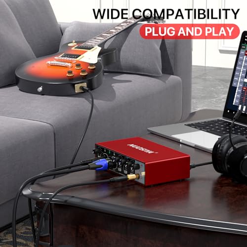 NUOSIYA 2i2 USB Audio Interface for PC Computer Recording Music, Red Guitar Audio Interface for Mac 24Bit/192kHz Podcasting Streaming for Vocalist Producer with 48V Phantom Power - Image 4