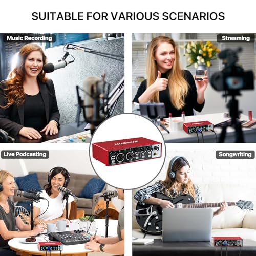 NUOSIYA 2i2 USB Audio Interface for PC Computer Recording Music, Red Guitar Audio Interface for Mac 24Bit/192kHz Podcasting Streaming for Vocalist Producer with 48V Phantom Power - Image 3
