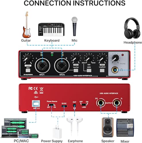 NUOSIYA 2i2 USB Audio Interface for PC Computer Recording Music, Red Guitar Audio Interface for Mac 24Bit/192kHz Podcasting Streaming for Vocalist Producer with 48V Phantom Power - Image 2