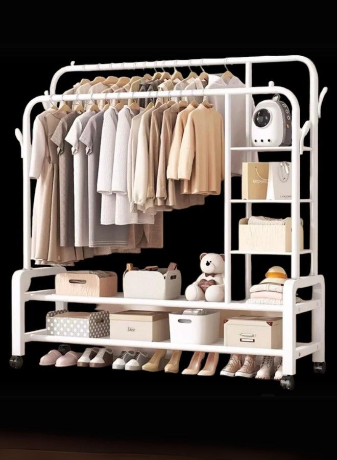 علاقة ملابس مزدوجة مع عجلات دوارة مزودة برفوف وعلاقات جانبية ابيض - Image 1