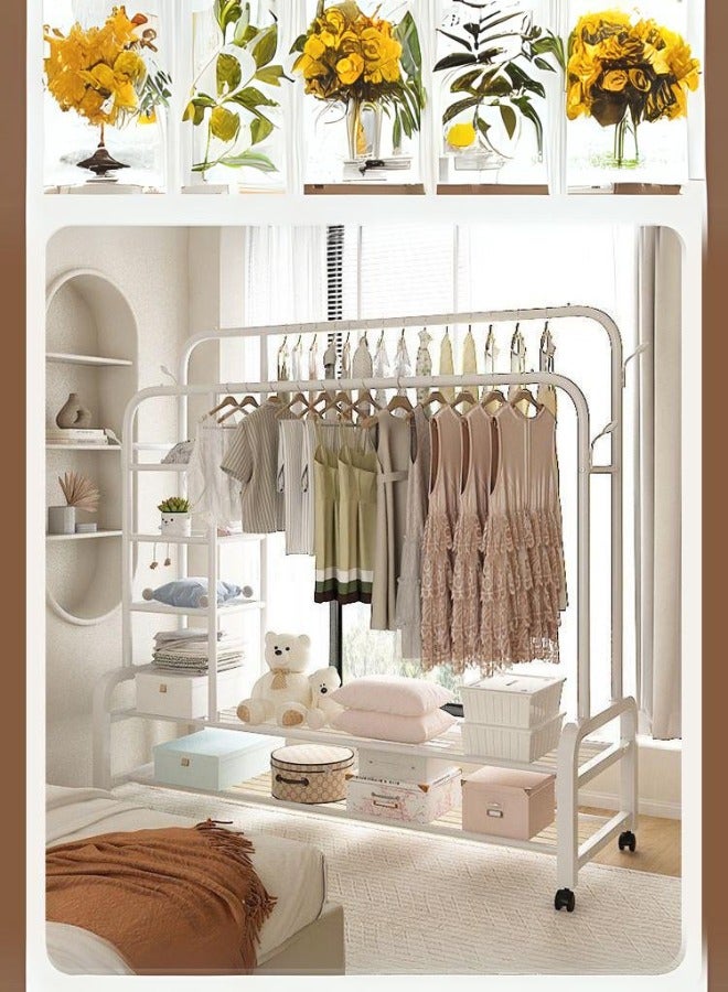 علاقة ملابس مزدوجة مع عجلات دوارة مزودة برفوف وعلاقات جانبية ابيض - Image 2