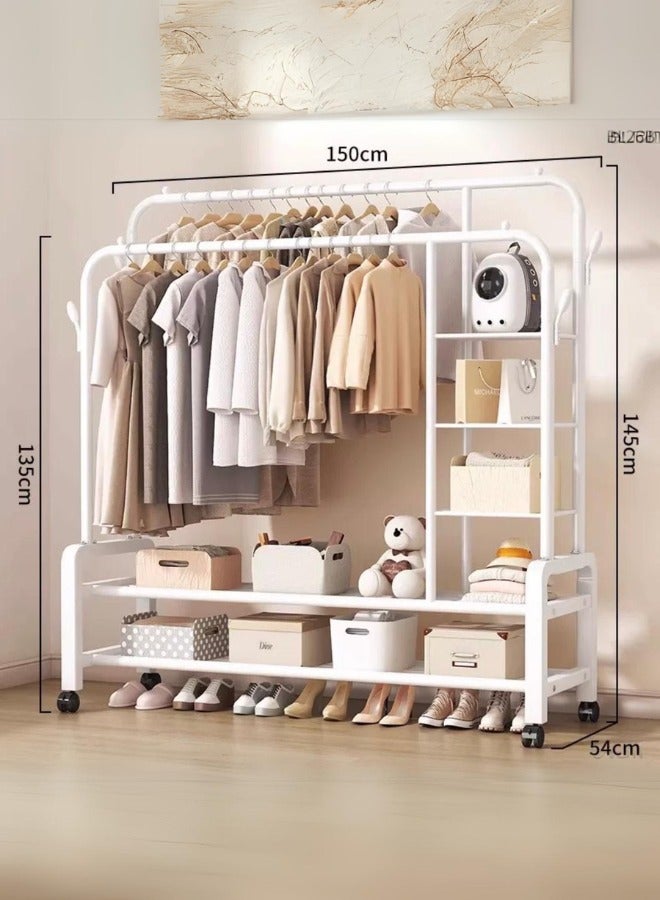 علاقة ملابس مزدوجة مع عجلات دوارة مزودة برفوف وعلاقات جانبية ابيض - Image 3