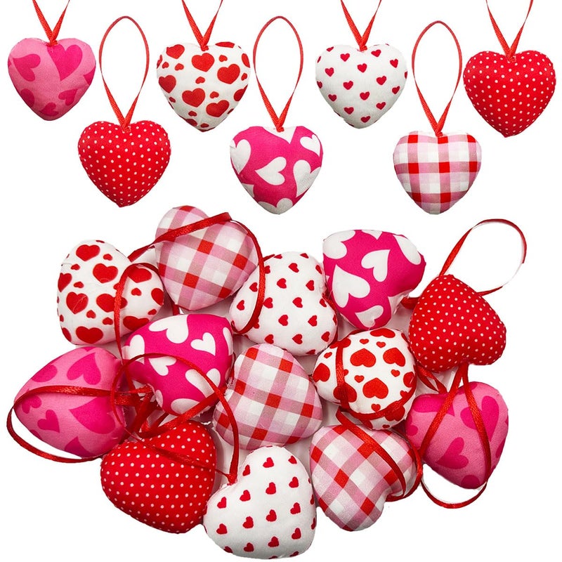 Suartus Valentines Hearts Ornaments,12PCS Fabric Heart Hanging Ornaments,Red Pink Hearts Shape Baubles Bulk for Valentines Tree Wedding Anniversary Party DIY Crafts Decorations 1.8 inch - Image 1