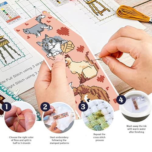 FREEBLOSS 6 Set Cross Stitch Bookmark Kit Stamped Cross Stitch Kit for Beginners Embroidery Set with Instruction for Adults Cute Cats and Dogs 8"*2.4" - Image 4