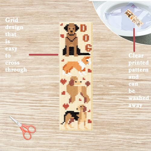 FREEBLOSS 6 Set Cross Stitch Bookmark Kit Stamped Cross Stitch Kit for Beginners Embroidery Set with Instruction for Adults Cute Cats and Dogs 8"*2.4" - Image 3