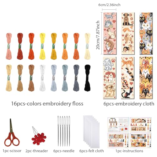 FREEBLOSS 6 Set Cross Stitch Bookmark Kit Stamped Cross Stitch Kit for Beginners Embroidery Set with Instruction for Adults Cute Cats and Dogs 8"*2.4" - Image 2
