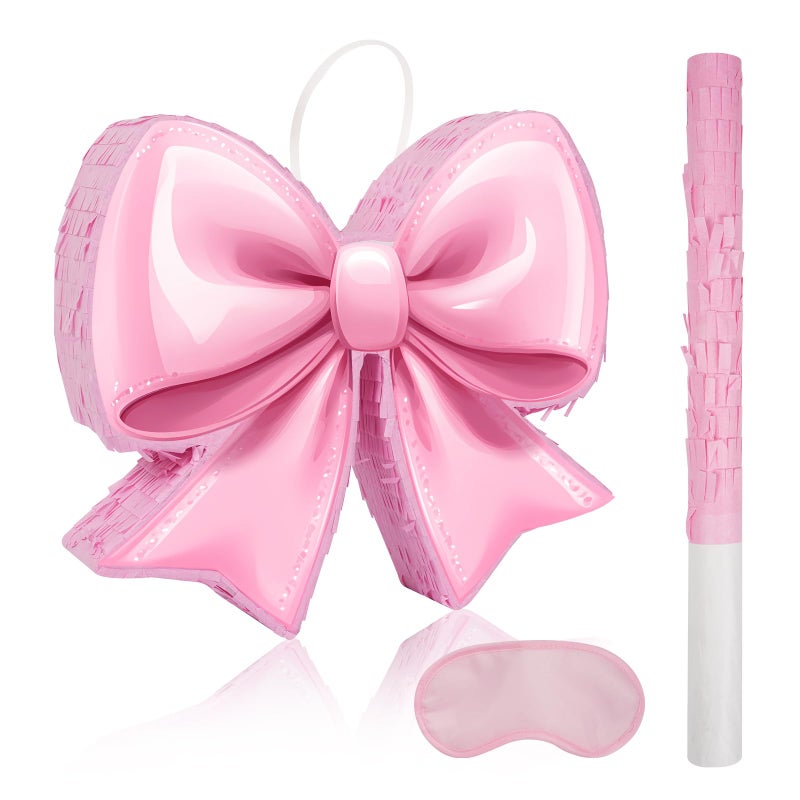 JOARHONAL Pink Bow Piata Watercolor Small Pink Bow Piata with Blindfold and Bat for Girls Kids Birthday Party Decorations Small Size 16x13x3 - Image 2