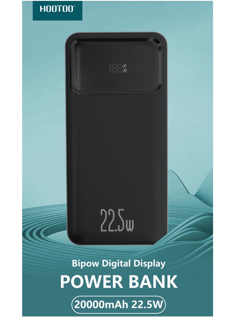 HooToo - 20000mAh Power bank Bipow digital display and 2-USB ports and type-C PD port supports fast charging with 22.5W-black from Hootoo - Image 1