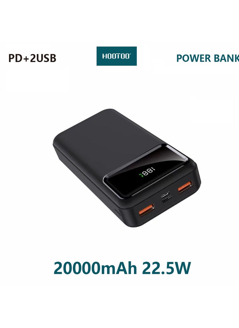 HooToo - 20000mAh Power bank Bipow digital display and 2-USB ports and type-C PD port supports fast charging with 22.5W-black from Hootoo - Image 1