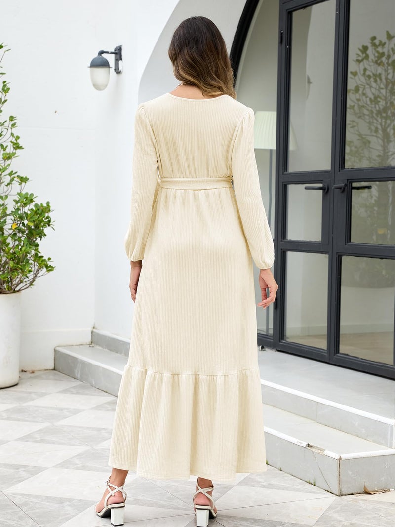 AISWI Women's Maternity Maxi Dress with Belt Long Sleeve Crew Neck Pregnancy Dresses with Pockets Baby Shower Photoshoot, Champagne, Large - Image 2