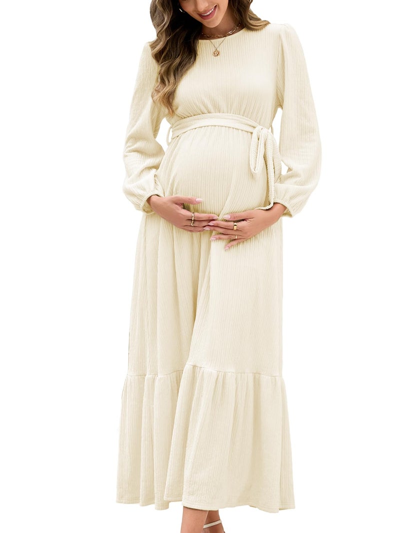 AISWI Women's Maternity Maxi Dress with Belt Long Sleeve Crew Neck Pregnancy Dresses with Pockets Baby Shower Photoshoot, Champagne, Large - Image 1