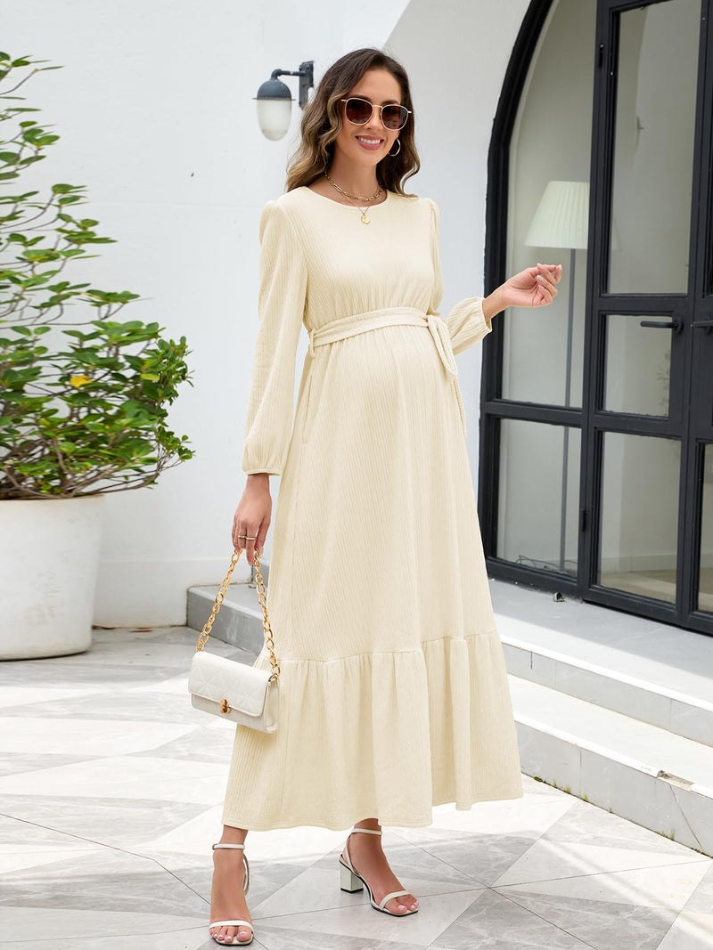 AISWI Women's Maternity Maxi Dress with Belt Long Sleeve Crew Neck Pregnancy Dresses with Pockets Baby Shower Photoshoot, Champagne, Large - Image 5