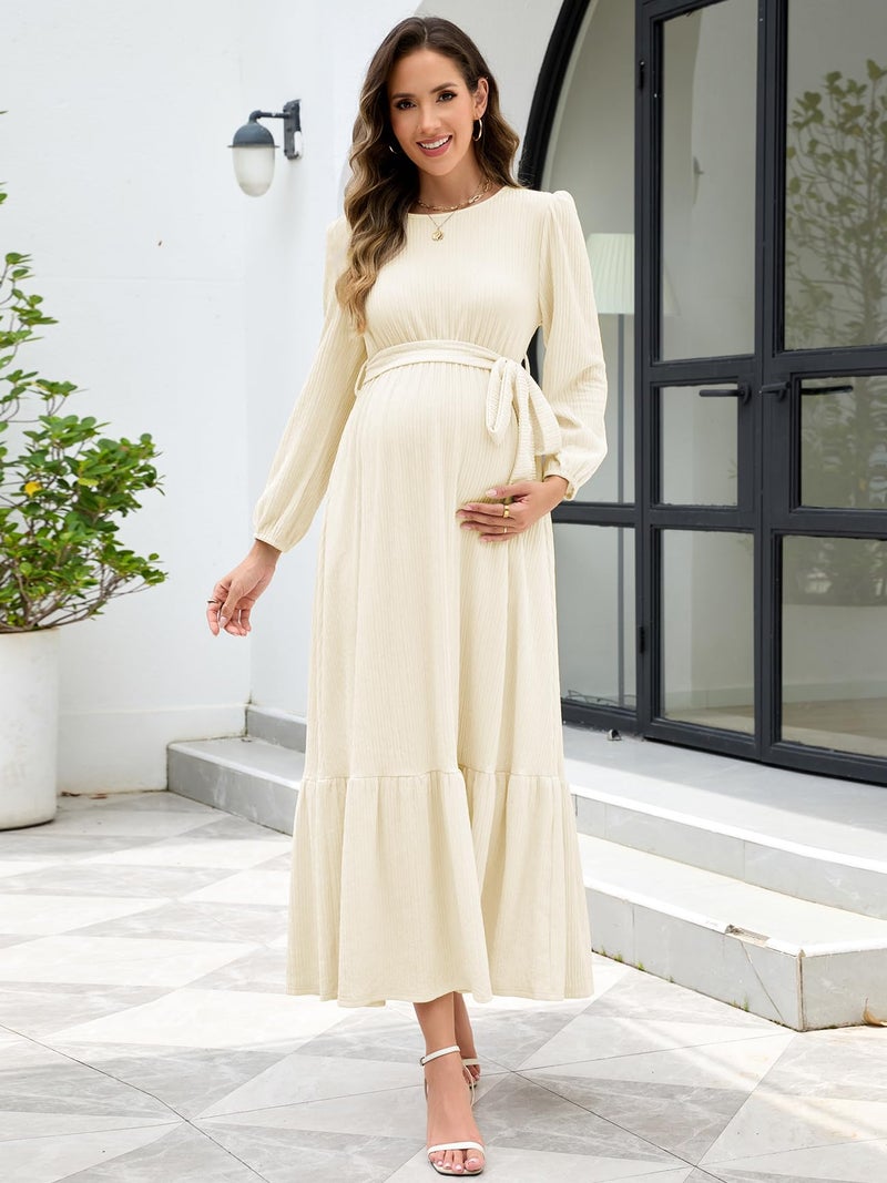 AISWI Women's Maternity Maxi Dress with Belt Long Sleeve Crew Neck Pregnancy Dresses with Pockets Baby Shower Photoshoot, Champagne, Large - Image 3
