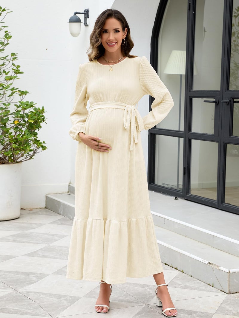 AISWI Women's Maternity Maxi Dress with Belt Long Sleeve Crew Neck Pregnancy Dresses with Pockets Baby Shower Photoshoot, Champagne, Large - Image 4