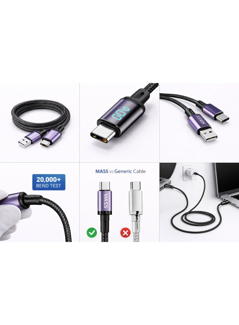 ماس كابل USB-C إلى USB-C بقوة 60 واط مع شاشة LED رقمية (1 متر) - شحن سريع جدا بتقنية PD، بتقنية الوقف الذاتي للشحن، مضفر من النايلون - الموديل: MA-13، لأجهزة MacBook و iPad Pro بتصميم مضفر من القماش - ضمان محلي لمدة عام - Image 5