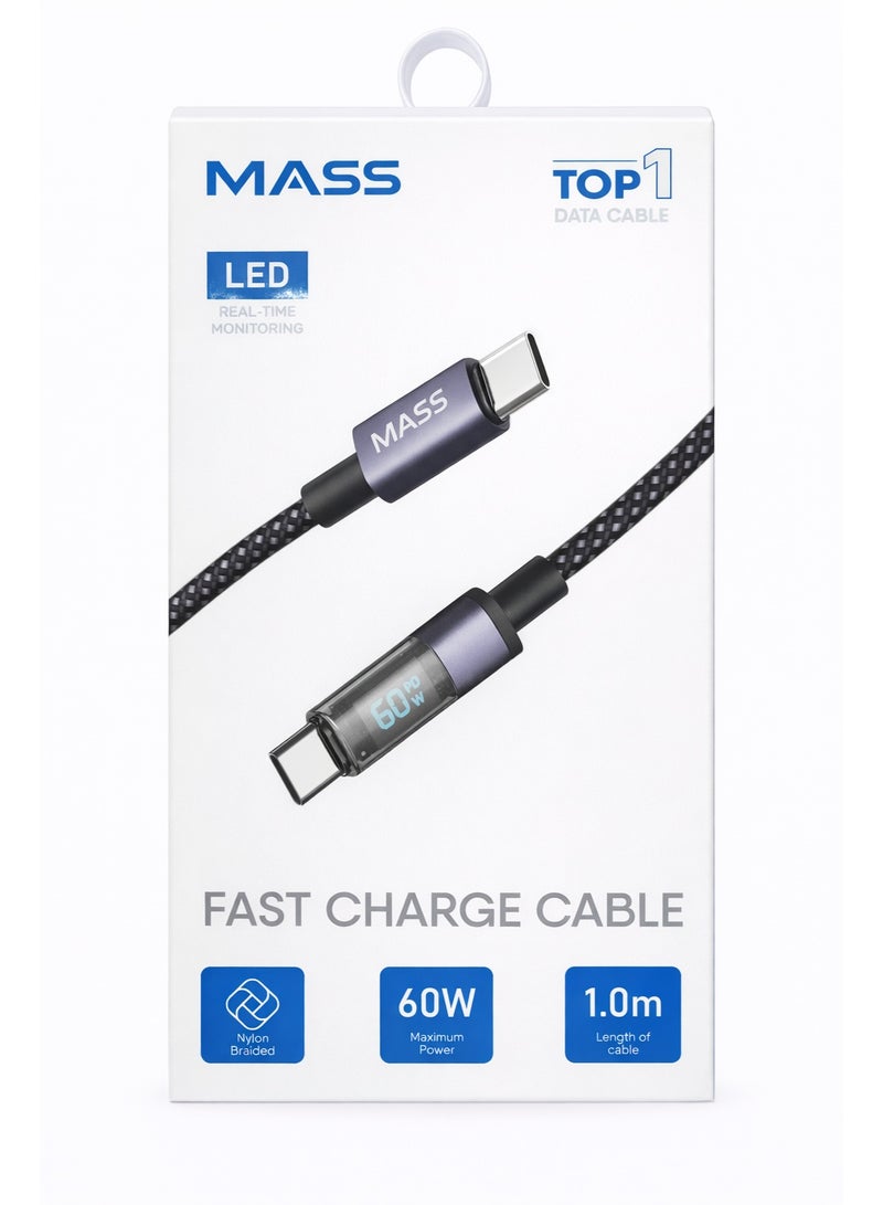 ماس كابل USB-C إلى USB-C بقوة 60 واط مع شاشة LED رقمية (1 متر) - شحن سريع جدا بتقنية PD، بتقنية الوقف الذاتي للشحن، مضفر من النايلون - الموديل: MA-13، لأجهزة MacBook و iPad Pro بتصميم مضفر من القماش - ضمان محلي لمدة عام - Image 1