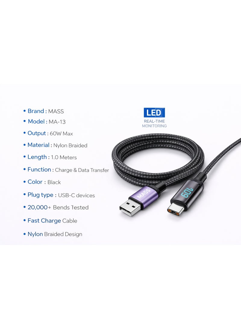 ماس كابل USB-C إلى USB-C بقوة 60 واط مع شاشة LED رقمية (1 متر) - شحن سريع جدا بتقنية PD، بتقنية الوقف الذاتي للشحن، مضفر من النايلون - الموديل: MA-13، لأجهزة MacBook و iPad Pro بتصميم مضفر من القماش - ضمان محلي لمدة عام - Image 4