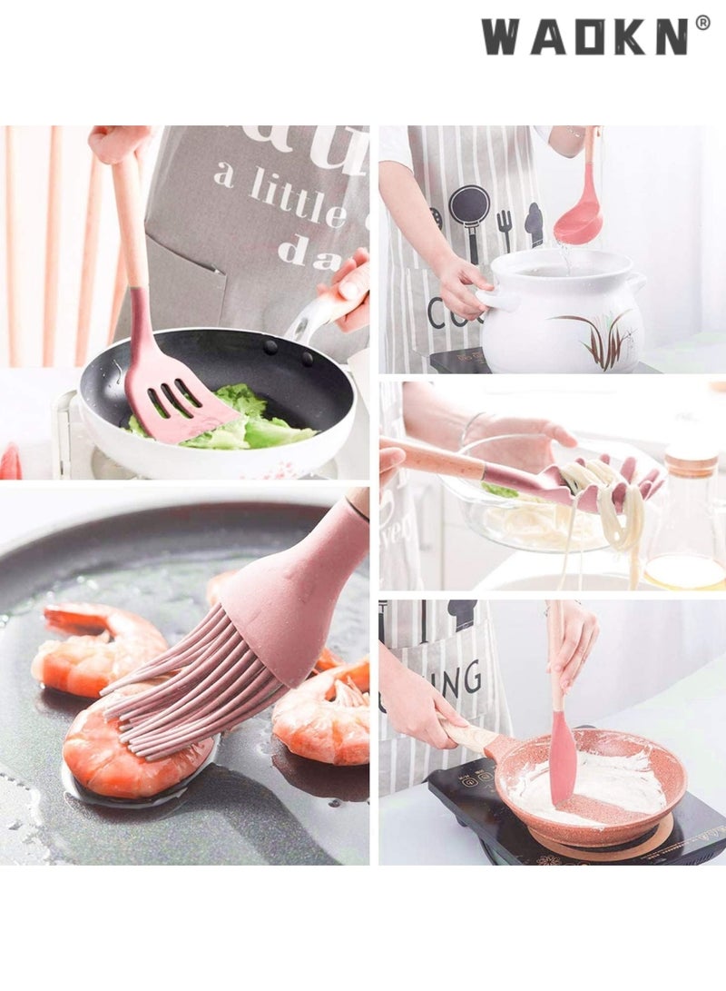 دبليو أيه أو كي أن سيليكون أدوات المطبخ مجموعة ، مقاومة للحرارة مقبض خشبي أدوات الطبخ ، لا تحتوي على ثنائي الفينول أ ، 12 حزمة غير سامة سيليكون ملقط الدوارة ملعقة ملعقة مطبخ مجموعة أداة ، غير عصا تجهيزات المطابخ الوردي - Image 5