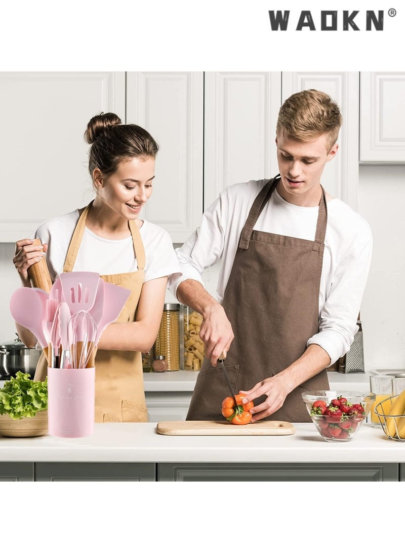 دبليو أيه أو كي أن سيليكون أدوات المطبخ مجموعة ، مقاومة للحرارة مقبض خشبي أدوات الطبخ ، لا تحتوي على ثنائي الفينول أ ، 12 حزمة غير سامة سيليكون ملقط الدوارة ملعقة ملعقة مطبخ مجموعة أداة ، غير عصا تجهيزات المطابخ الوردي - Image 2