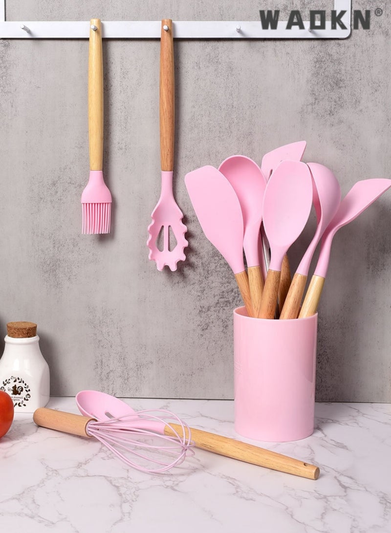 دبليو أيه أو كي أن سيليكون أدوات المطبخ مجموعة ، مقاومة للحرارة مقبض خشبي أدوات الطبخ ، لا تحتوي على ثنائي الفينول أ ، 12 حزمة غير سامة سيليكون ملقط الدوارة ملعقة ملعقة مطبخ مجموعة أداة ، غير عصا تجهيزات المطابخ الوردي - Image 3