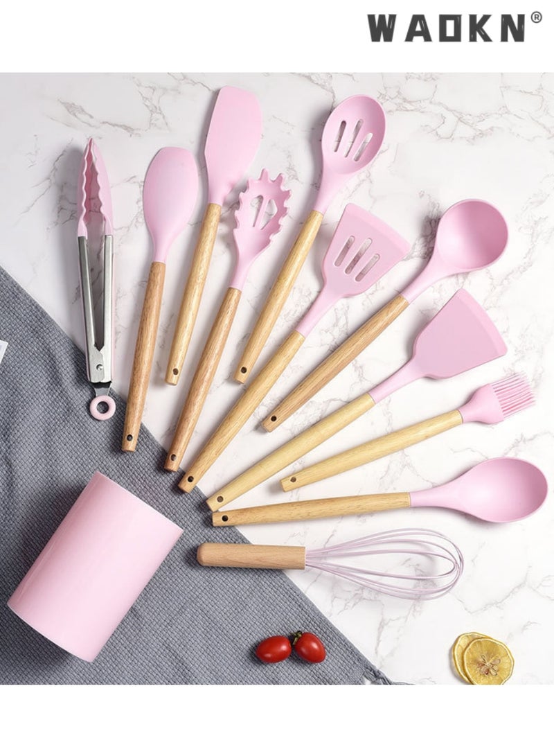 دبليو أيه أو كي أن سيليكون أدوات المطبخ مجموعة ، مقاومة للحرارة مقبض خشبي أدوات الطبخ ، لا تحتوي على ثنائي الفينول أ ، 12 حزمة غير سامة سيليكون ملقط الدوارة ملعقة ملعقة مطبخ مجموعة أداة ، غير عصا تجهيزات المطابخ الوردي - Image 4